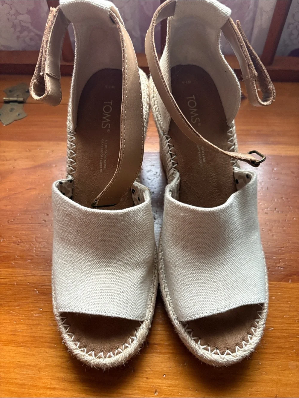 TOMS Beige Canvas Espadrille Wedge Sandals with Ankle Strap